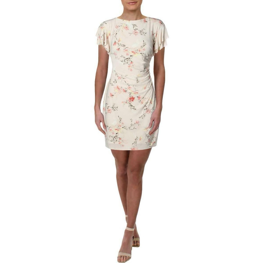 Ralph Lauren Cashew/Pink Floral Ruched Stretch Jersey Dress